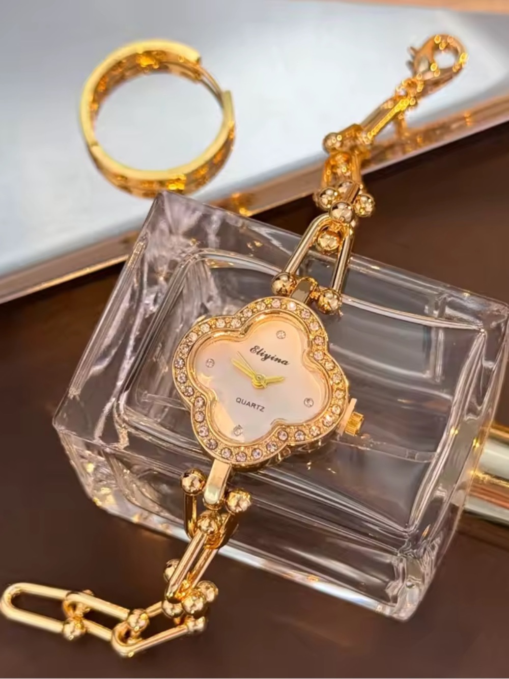 Gold Anthropologie Crystal Floral Bracelet Watch - Gold